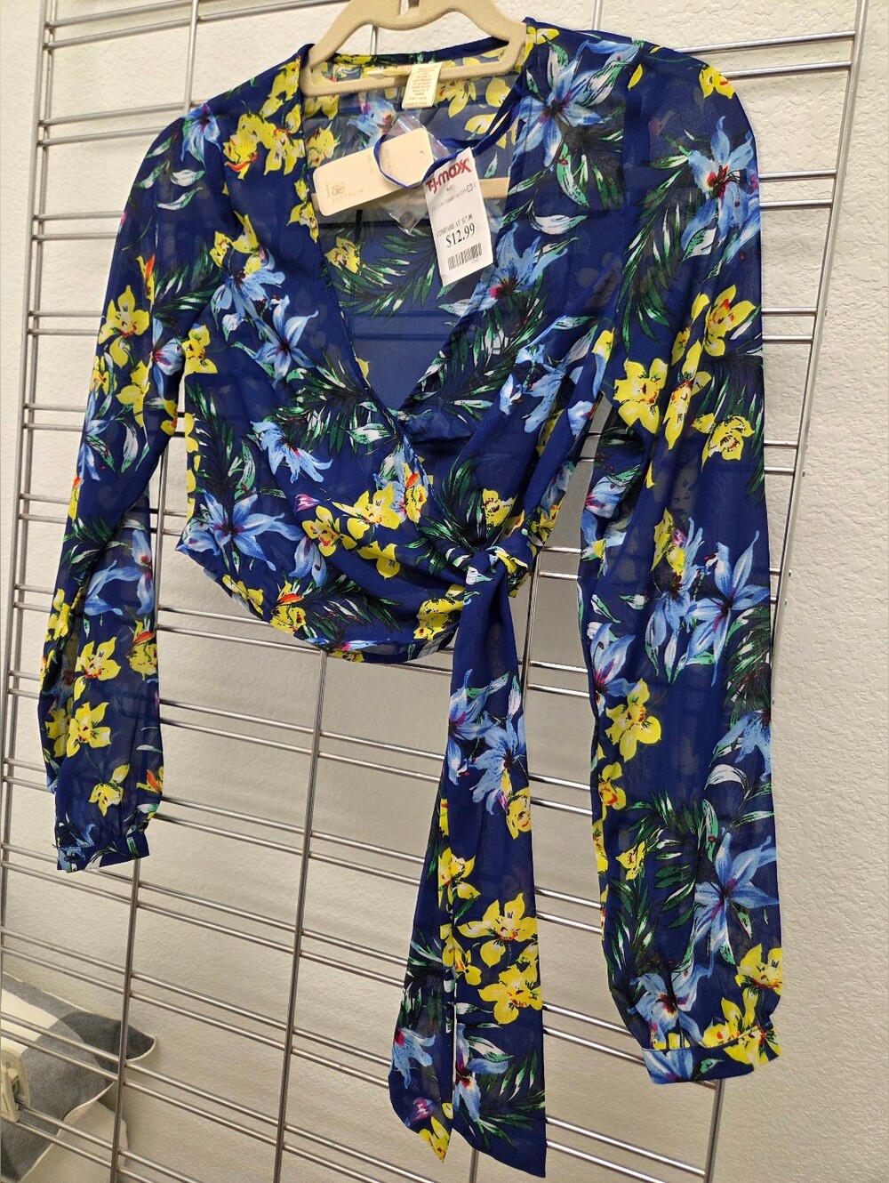 Japna Navy Floral Tie-Front Blouse with Yellow & Light Blue Flowers